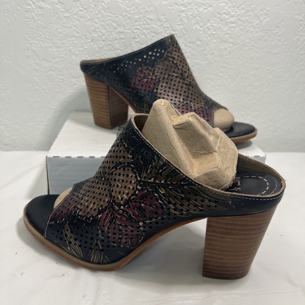 L'artiste STYLIN Black Multi Womens EU 40 US 9 9.5 Floral 3" Block Heel Mule